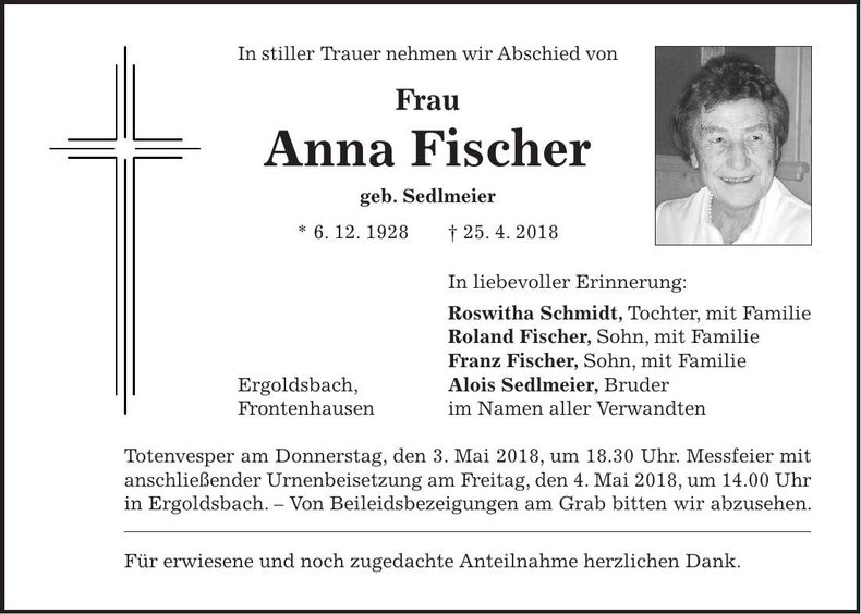 Traueranzeige Anna Fischer