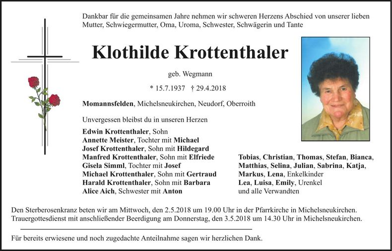 Traueranzeige Klothilde Krottenthaler
