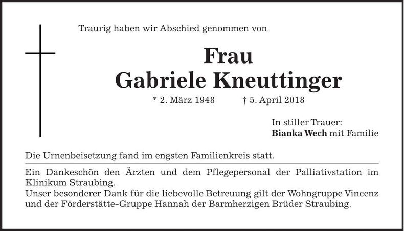 Traueranzeige Gabriele Kneuttinger