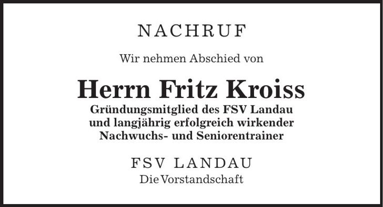 Traueranzeige Fritz Kroiss
