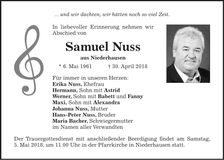 Traueranzeige Samuel Nuss