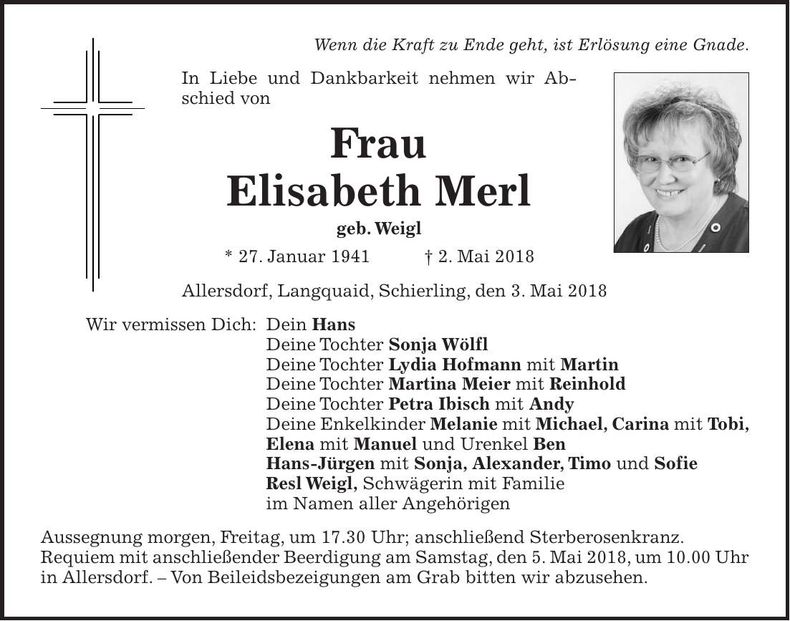 Traueranzeige Elisabeth Merl