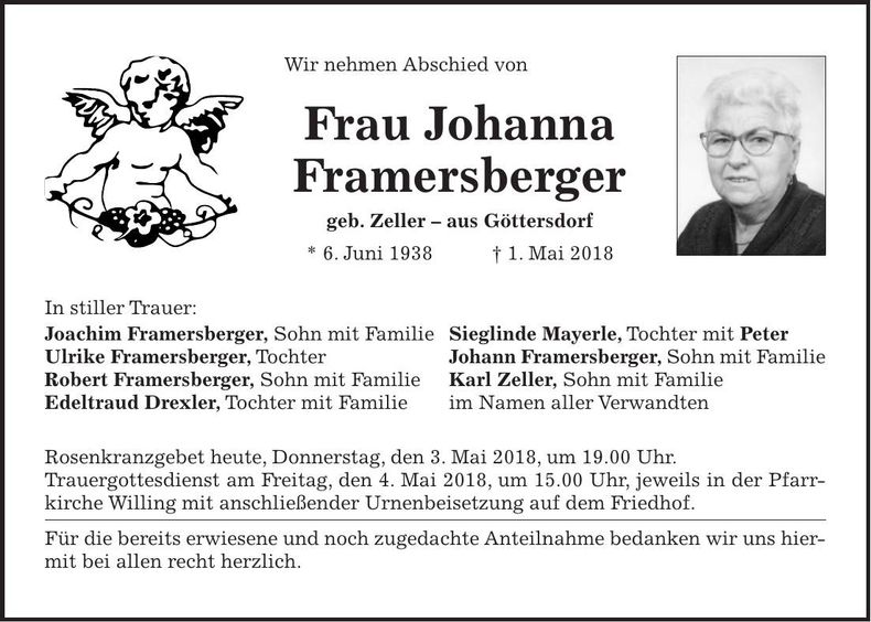 Traueranzeige Johanna Framersberger