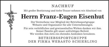 Traueranzeige Franz-Eugen Eisenhug