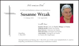 Traueranzeige Susanne Wrzak