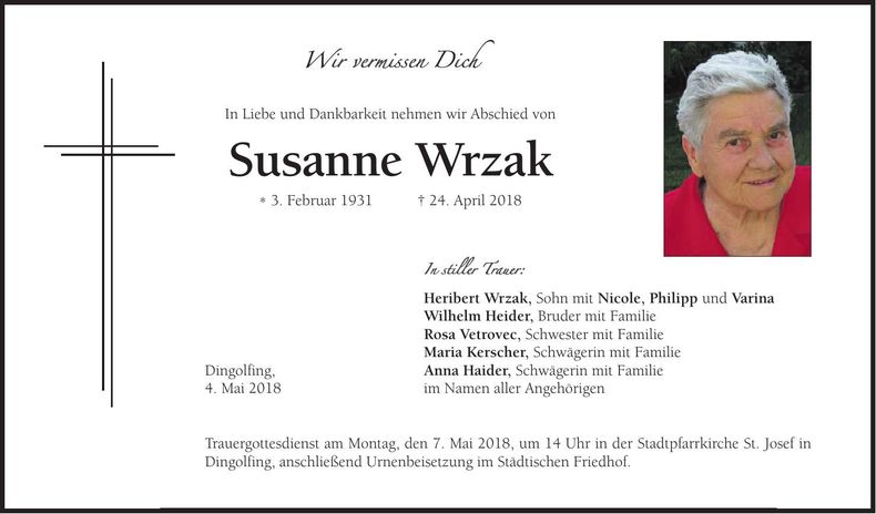 Traueranzeige Susanne Wrzak