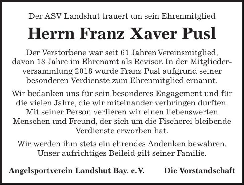 Traueranzeige Franz Xaver Pusl