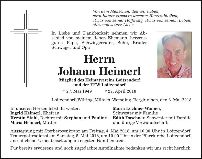 Traueranzeige Johann Heimerl