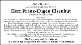 Traueranzeige Franz-Eugen Eisenhut