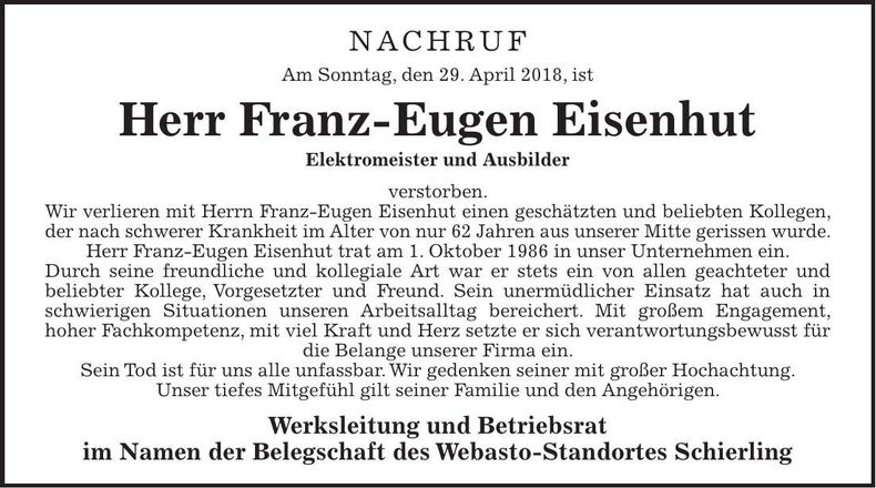 Traueranzeige Franz-Eugen Eisenhut