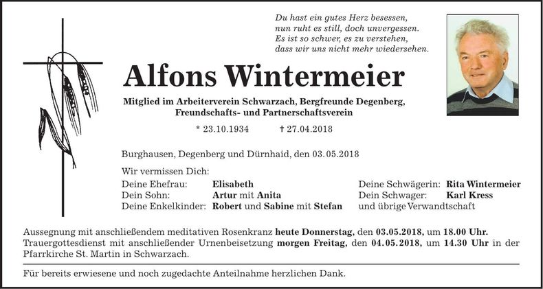 Traueranzeige Alfons Wintermeier