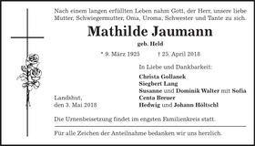 Traueranzeige Mathilde Jaumann