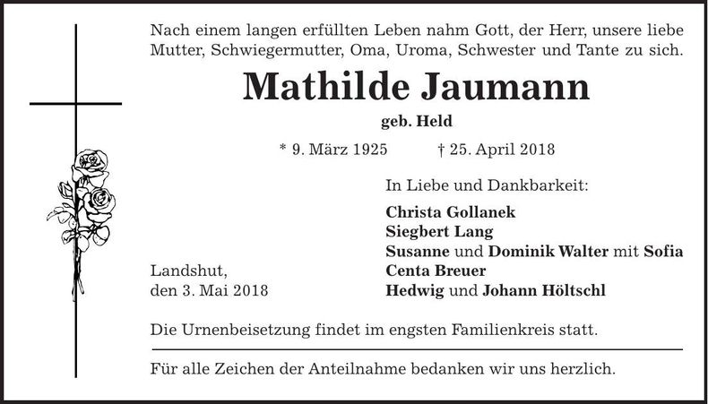 Traueranzeige Mathilde Jaumann