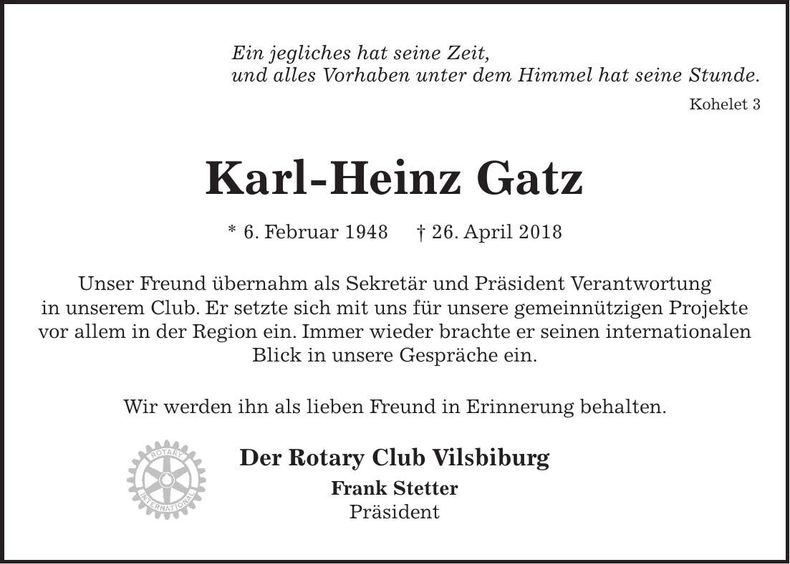 Traueranzeige Karl-Heinz Gatz