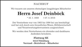 Traueranzeige Josef Deinböck
