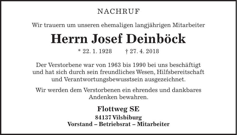Traueranzeige Josef Deinböck