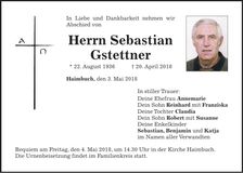 Traueranzeige Sebastian Gstettner