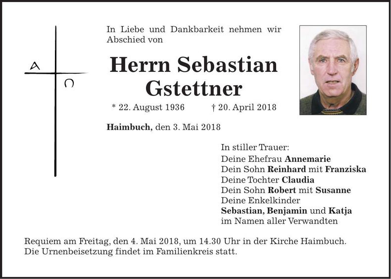 Traueranzeige Sebastian Gstettner