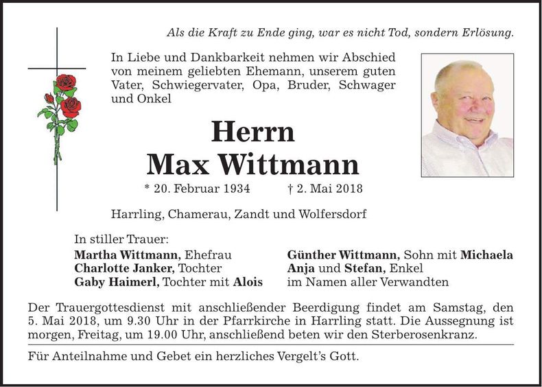 Traueranzeige Max Wittmann