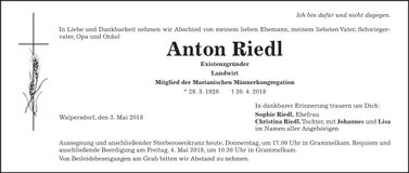 Traueranzeige Anton Riedl