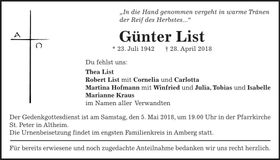 Traueranzeige Günter List