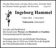 Traueranzeige Ingeborg Hammel