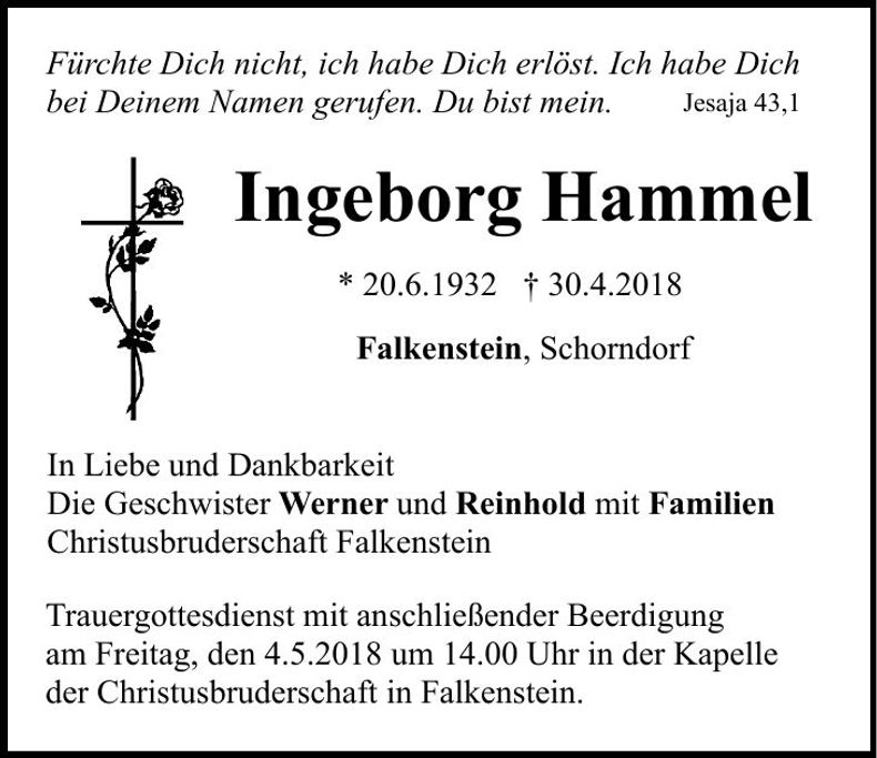Traueranzeige Ingeborg Hammel