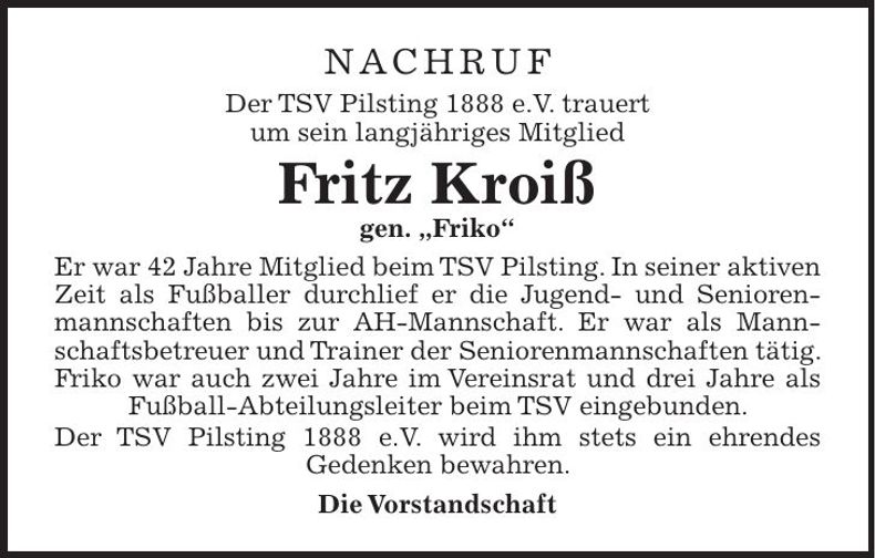 Traueranzeige Fritz Kroiss