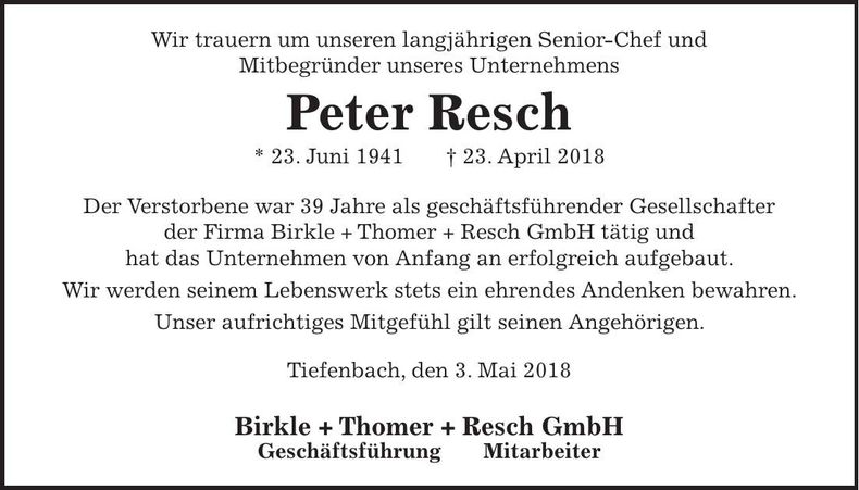 Traueranzeige Peter Resch