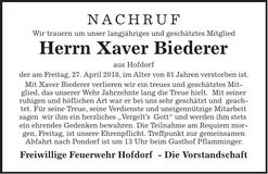 Traueranzeige Xaver Biederer