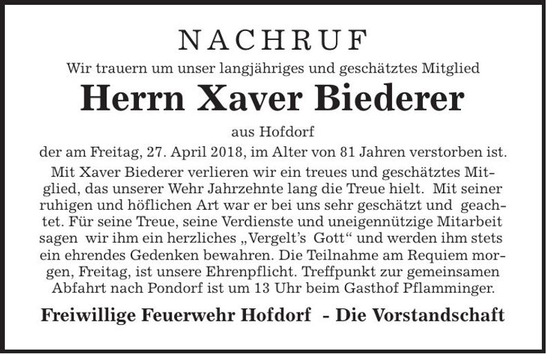 Traueranzeige Xaver Biederer