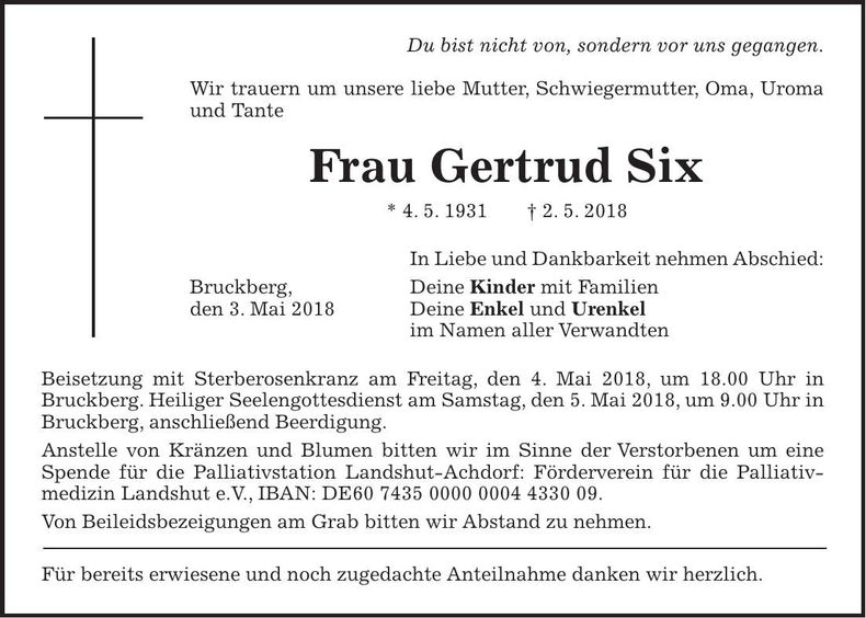 Traueranzeige Gertrud Six