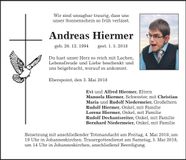 Traueranzeige Andreas Hiermer