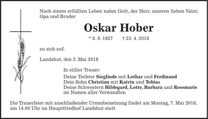 Traueranzeige Oskar Hober