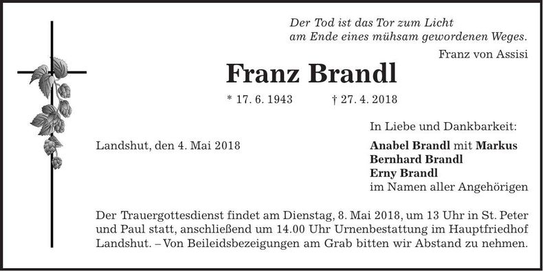 Traueranzeige Franz Brandl
