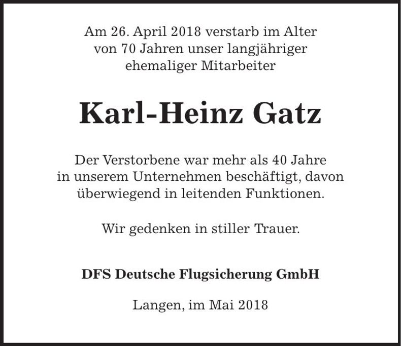 Traueranzeige Karl-Heinz Gatz