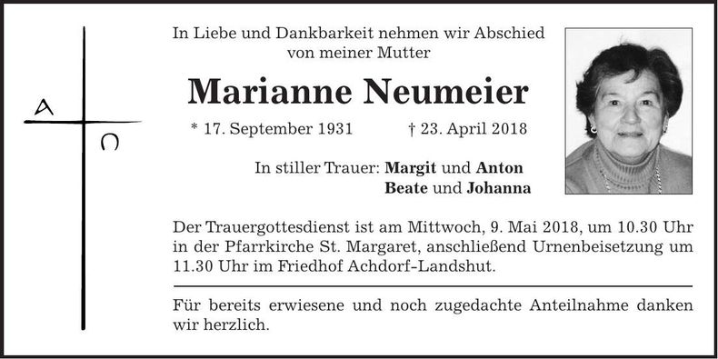 Traueranzeige Marianne Neumeier