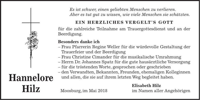 Traueranzeige Hannelore Hilz