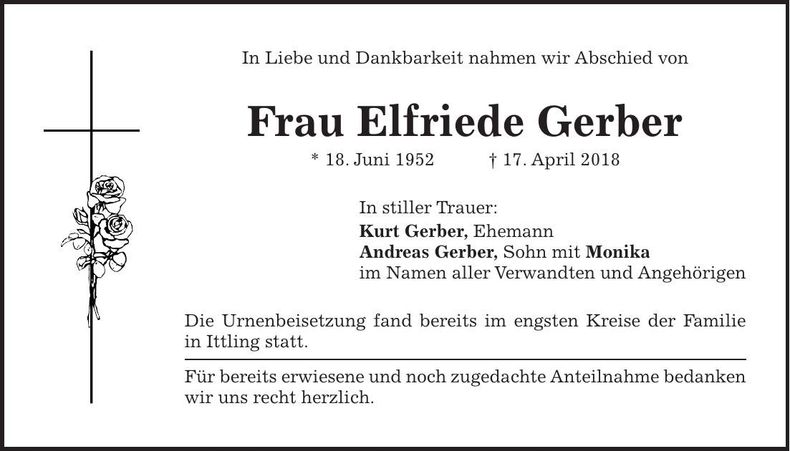 Traueranzeige Elfriede Gerber