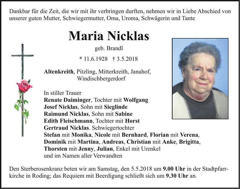 Traueranzeige Maria Nicklas