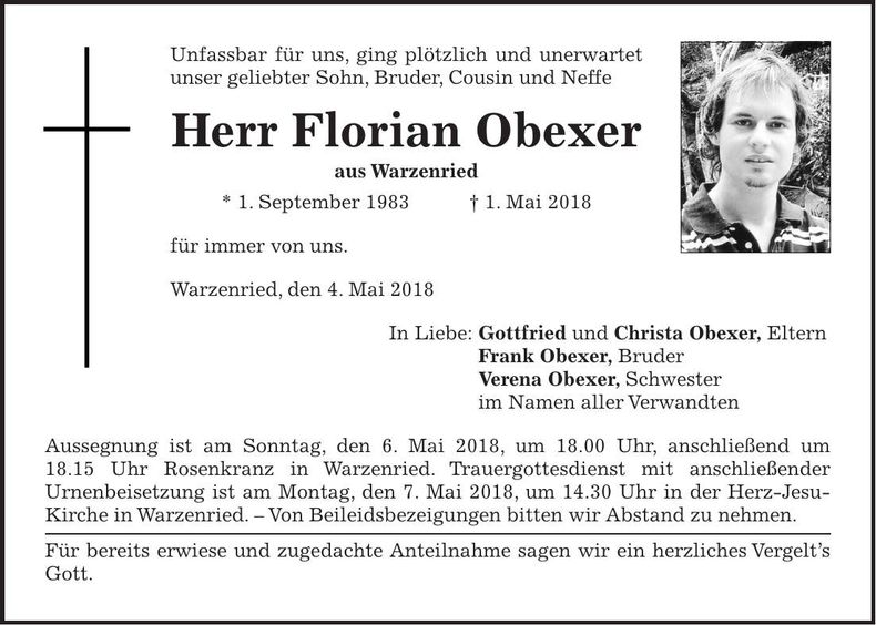 Traueranzeige Florian Obexer