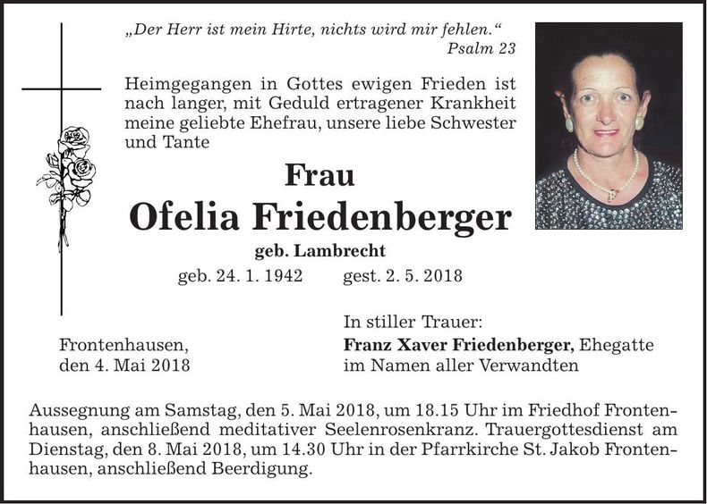 Traueranzeige Ofelia Friedenberger