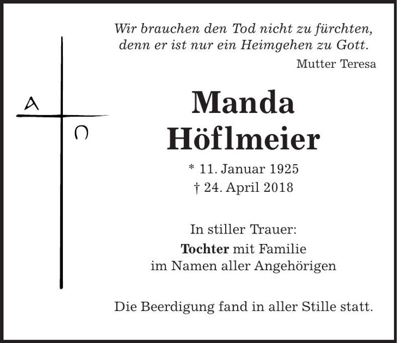 Traueranzeige Manda Höflmeier
