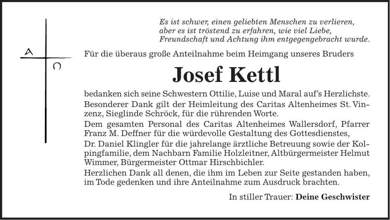 Traueranzeige Josef Kettl