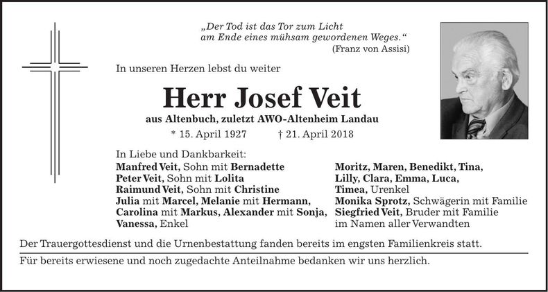 Traueranzeige Josef Veit
