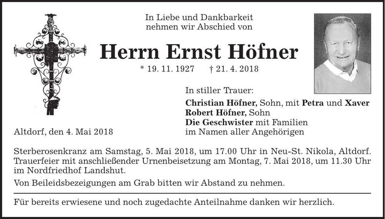 Traueranzeige Ernst Höfner