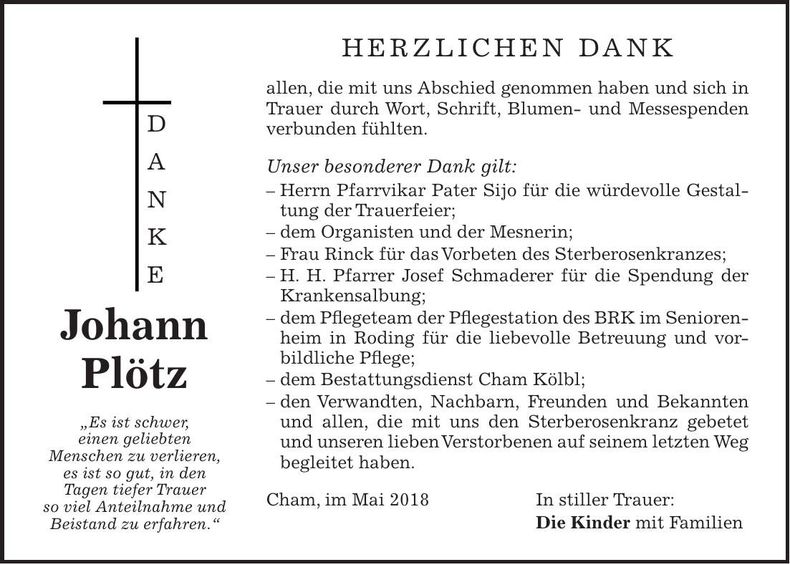 Traueranzeige Johann Plötz