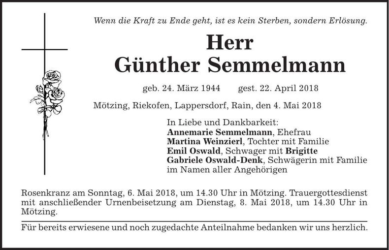 Traueranzeige Günther Semmelmann