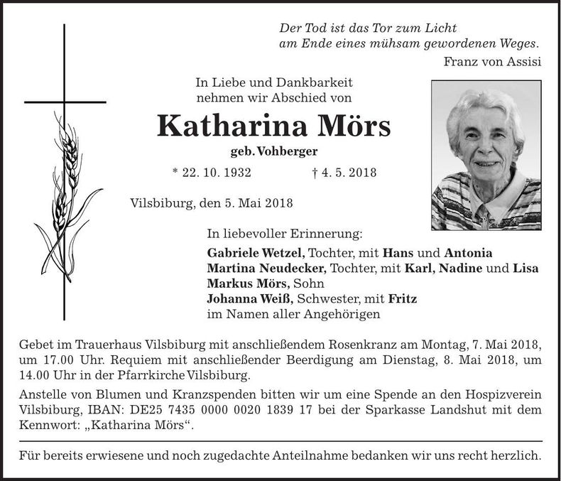 Traueranzeige Katharina Mörs