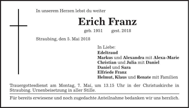 Traueranzeige Erich Franz